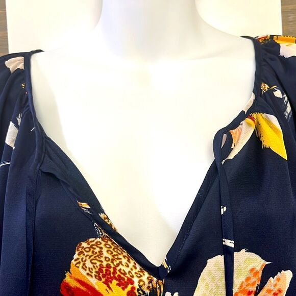 Lovestitch Navy Floral with Tassel Keyhole Tie and Elastic 3/4 Sleeves- Medium - Picture 3 of 10